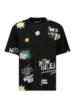 T-shirt nera a maniche corte con testo e grafiche colorate in stile graffiti, tra cui "NUOVE REGOLE", "ALZA IL LIVELLO DELLA TUA VITA" e "SPINGI I LIMITI".
