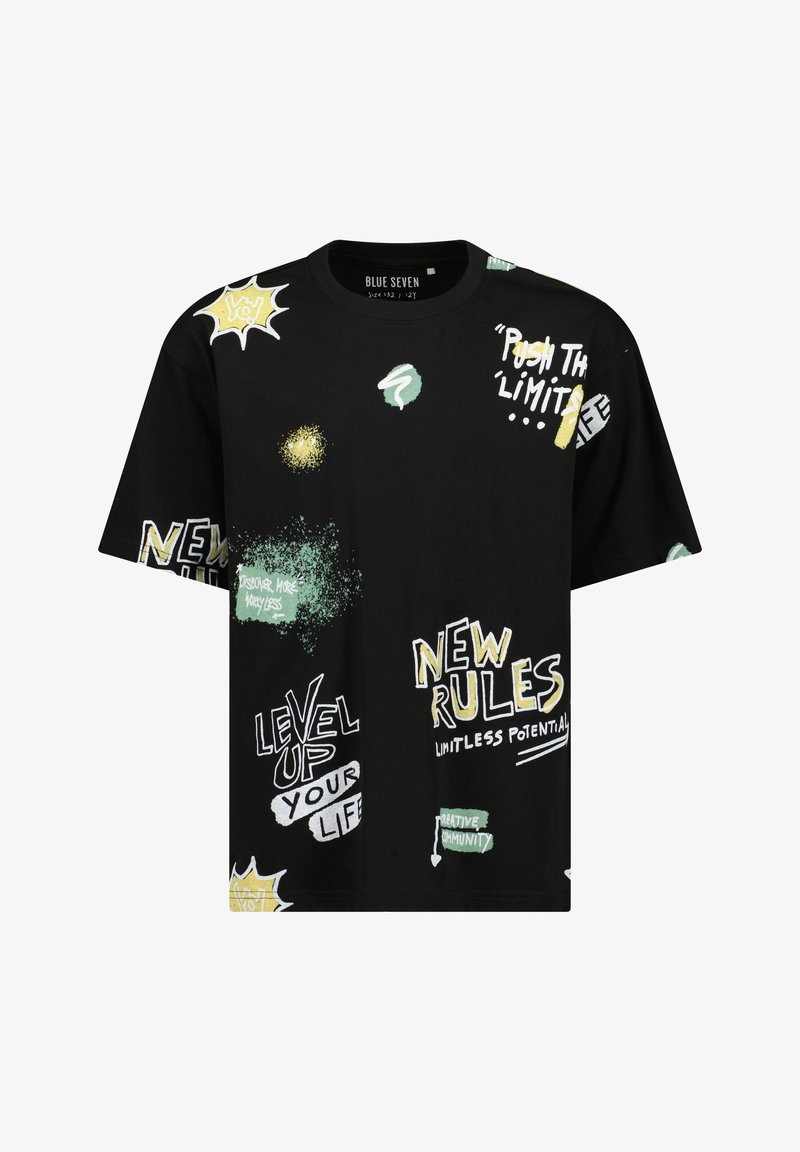 T-shirt noir à manches courtes avec texte et graphismes colorés de style graffiti, incluant "NEW RULES", "LEVEL UP YOUR LIFE" et "PUSH THE LIMITS".