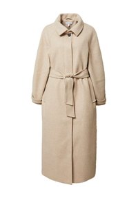 Beige wol coat met riem, klassieke kraag, knoopsluiting en lange mouwen. Heeft een rechte snit en een zachte textuur.