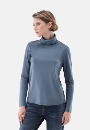 Blaues Langarm-Turtleneck-Shirt aus glattem, elastischem Stoff, mit tailliertem Schnitt und minimalen Nähten für ein elegantes Aussehen.