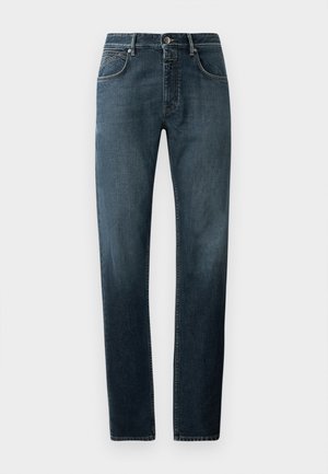 Donkerdenim jeans met een rechte pasvorm, klassiek vijf-pocket ontwerp, contrasterende stiksels en een subtiele vervagingseffect bij de dijen.