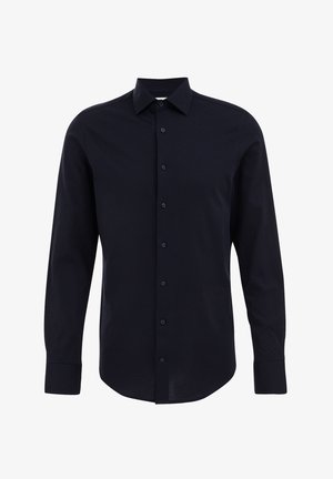 Tumedat sinised pikkade varrukatega nööpidega särk, mis on valmistatud tekstuuriga kangast, klassikalise krae ja ühe nööbiga mansettidega, lisaks on sellel veel tooni sobivad nööbid.