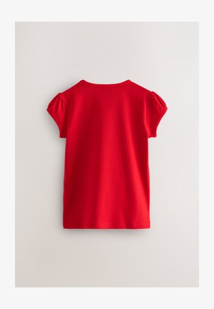 Maglietta rossa in cotone con maniche corte a sbuffo, scollo arrotondato e taglio dritto. Tessuto liscio, senza motivi o accenti visibili.