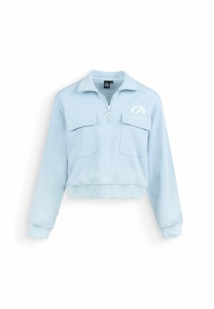 Felpa corta azzurro chiaro con maniche lunghe, cerniera frontale, due tasche con patta e piccolo logo bianco sul petto a sinistra.