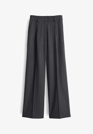 Weite Hosen aus dunkelgrauem Stoff, mit einem dezenten Nadelstreifenmuster, vorderen Taschen und einem taillierten Bund für einen strukturierten Look.