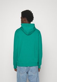 Green hooded sweatshirt made of soft fabric, with ribbed cuffs and hem. Worn with light blue loose-fitting jeans.