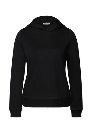 Felpa nera con cappuccio realizzata in tessuto morbido. Presenta maniche lunghe, polsini a coste e una tasca a marsupio. Design semplice e uniforme senza fantasie.