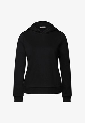 Sort hættebluse lavet af blødt stof. Har lange ærmer, ribbede manchetter og en kængurulomme. Enkel, ensfarvet design uden mønstre.