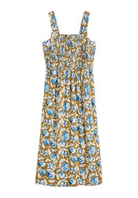 Bloemenjurk in mosterdgeel, met blauwe en witte bloemen, gerimpelde bustier en verstelbare schouderbandjes. A-lijn silhouet.