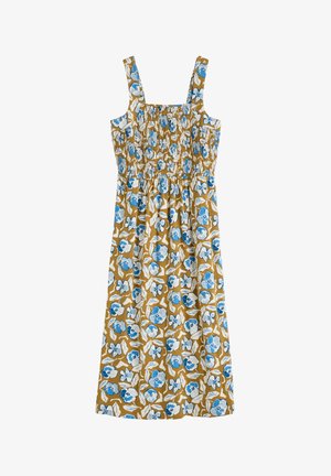 Kukkainen kesämekko sinapinkeltaisena, jossa on sinisiä ja valkoisia kukkia, frilla yläosa ja säädettävät olkaimet. A-linjainen siluetti.