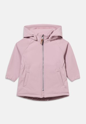 Veste à capuche pour enfants rose clair avec fermeture éclair à l'avant, poignets élastiques, deux poches latérales et ourlet arrière légèrement plus long.
