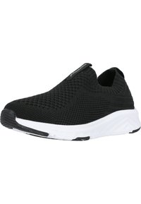 Svart slip-on sneakers tillverkade av ventilerande stickad tyg med texturerad yta, med en vit mellansula och subtila svarta accenter.