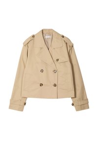 Chaqueta de trench beige de doble botonadura hecha de algodón, con epaulettes en los hombros, dos bolsillos frontales y botones marrones. Diseño corto.