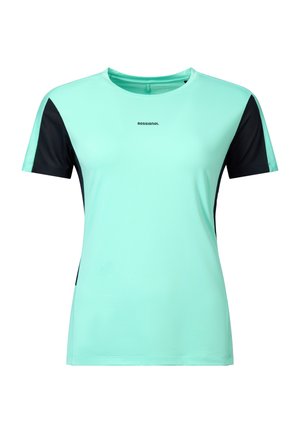 Camiseta deportiva de manga corta color verde menta con paneles laterales y mangas negras, con el logo "Rossignol" centrado en el pecho.