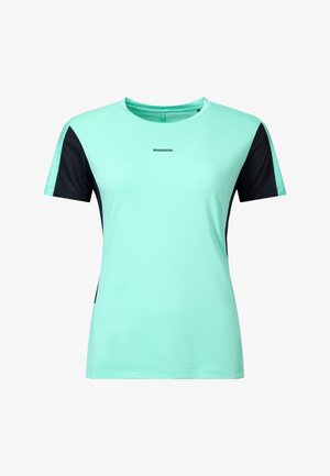 Camiseta deportiva de manga corta color verde menta con paneles laterales y mangas negras, con el logo "Rossignol" centrado en el pecho.