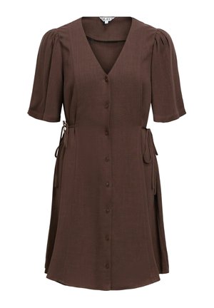 Robe marron longueur genou avec manches courtes bouffantes, col en V, boutons à l'avant et détails à nouer sur les côtés.