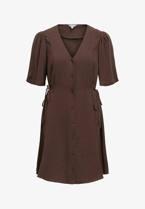 Robe marron longueur genou avec manches courtes bouffantes, col en V, boutons à l'avant et détails à nouer sur les côtés.