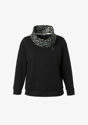 Schwarzer Pullover mit Kassakragen und Leopardenmuster. Verfügt über ein Reißverschlussdetail und lange Ärmel, gefertigt aus einem weichen, strukturierten Stoff.