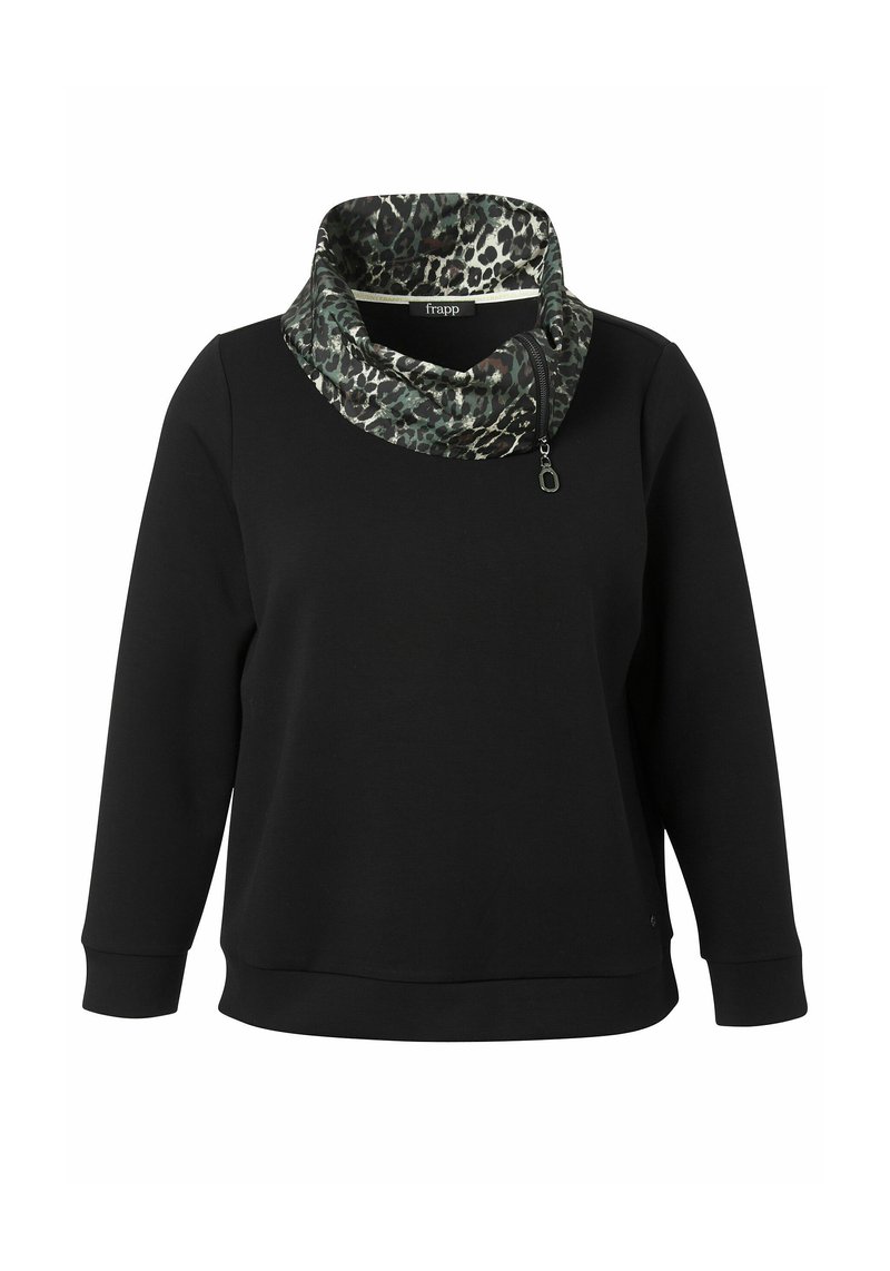 Sweat-shirt noir avec un col châle à imprimé léopard. Comprend un détail zippé et des manches longues, confectionné dans un tissu doux et texturé.