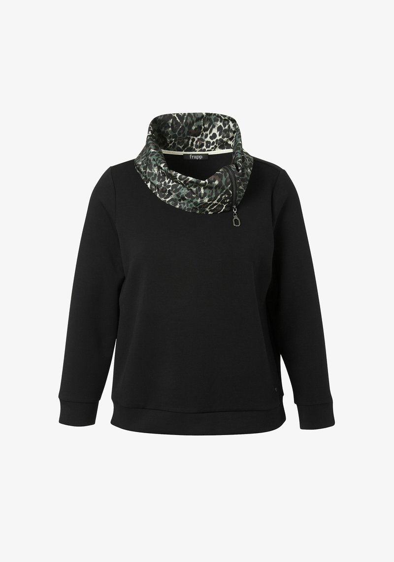 Sweat-shirt noir avec un col châle à imprimé léopard. Comprend un détail zippé et des manches longues, confectionné dans un tissu doux et texturé.