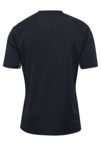 Svart kortärmad tröja med en slät textur och rundad halsringning, med raglanärmar och en något böjd fåll nertill.