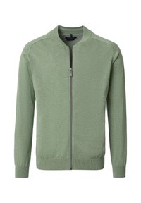 Ljusgrön helt zip-instickad cardigan med ribbade ärmslut, nederkant och krage, frontdragkedja och subtilt bröstlogo på vit bakgrund.