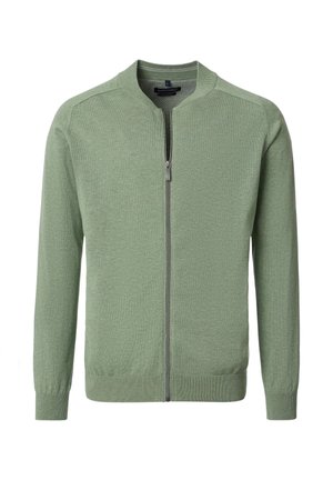 Light green full-zip knit cardigan with ribbed cuffs, hem, and collar, front zipper closure, and subtle chest logo on a white background.