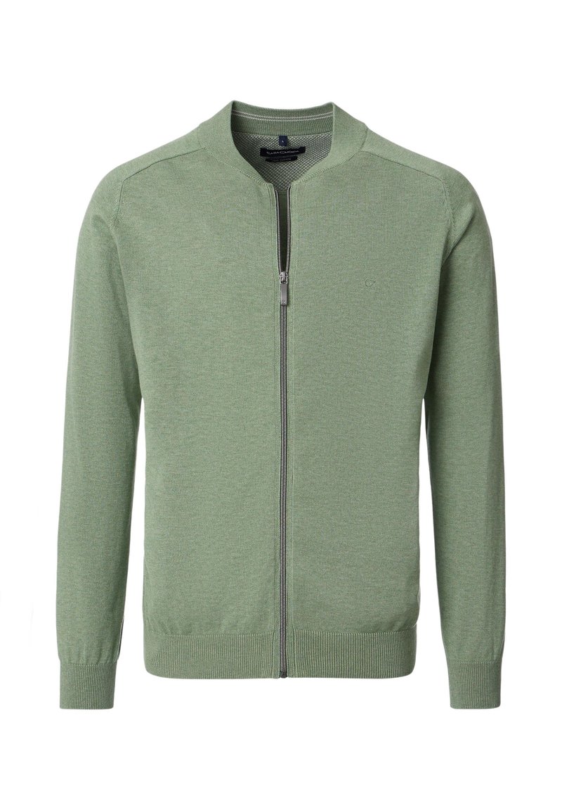 Ljusgrön helt zip-instickad cardigan med ribbade ärmslut, nederkant och krage, frontdragkedja och subtilt bröstlogo på vit bakgrund.