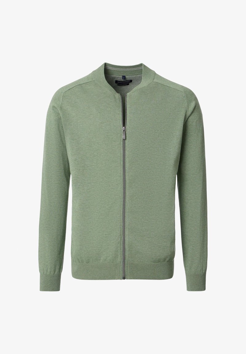 Ljusgrön helt zip-instickad cardigan med ribbade ärmslut, nederkant och krage, frontdragkedja och subtilt bröstlogo på vit bakgrund.