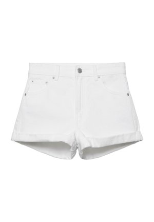Białe krótkie spodnie z denimu z guzikiem z przodu, szlufkami na pasek, dwoma przednimi kieszeniami i podwiniętymi krawędziami.