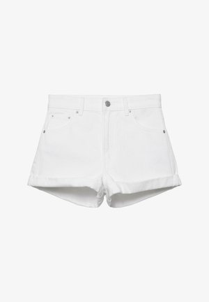 Pantaloni scurți albi din denim, cu nasture frontal, bucle pentru curea, două buzunare frontale și tivuri întoarse.