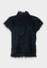 Černý top s krátkými rukávy z nadýchaného materiálu s vysokým límcem a detaily s neupraveným okrajem; volnější střih.