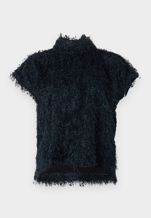 Haut noir à manches courtes en matière duveteuse avec un col montant et des détails à bords bruts ; présente une coupe ample.