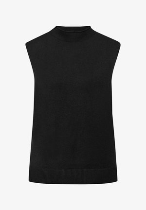 Schwarzes ärmelloses Oberteil aus Strickstoff, mit einem hohen Ausschnitt und einer leicht lockeren Passform, die am unteren Rand mit einem gerippten Saum abschließt.