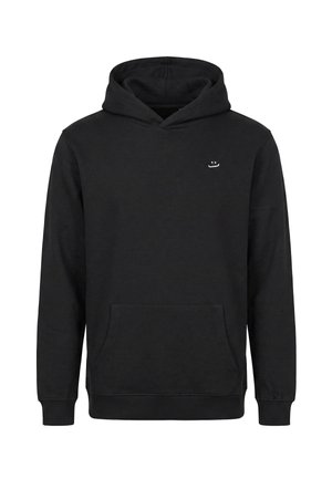 Sweat à capuche noir à manches longues avec poche kangourou à l'avant et petit logo blanc d'un visage souriant sur la poitrine gauche.