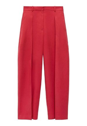 Red high-waisted trousers with pleats, made of smooth fabric, featuring a wide-leg cut and side pockets for added functionality.