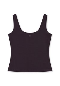 Elegancki czarny top na ramiączkach z cienkimi paskami, okrągłym dekoltem i dopasowanym krojem. Wykonany z miękkiego, elastycznego materiału z minimalnymi detalami w szwie.