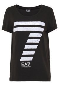 Černé bavlněné tričko s bílým pruhovaným designem z flitrů a logem EA7. Kulatý výstřih a krátké rukávy. Pohodlný střih.