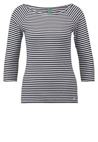 Svart och vit randig långärmad tröja med båturringning och figurnära silhuett.