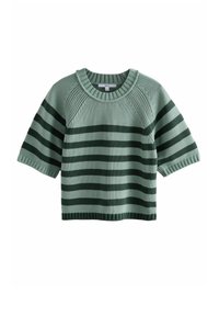Maglione a maniche corte verde a righe con colletto rotondo a costine. Presenta righe alternate di verde scuro e chiaro. Tessuto lavorato a maglia.