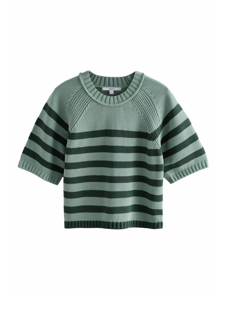 Maglione a maniche corte verde a righe con colletto rotondo a costine. Presenta righe alternate di verde scuro e chiaro. Tessuto lavorato a maglia.