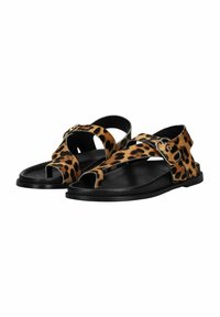 Sandali con stampa leopardata, dotati di cinturini in pelle nera, design open toe, dettaglio con fibbia e suola piatta nera.