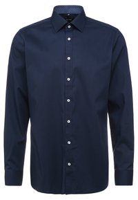 Marineblauw langärmlig shirt van gladde stof, met een spitse kraag, knoopsluiting aan de voorkant en een patroon aan de binnenkant van de kraag.