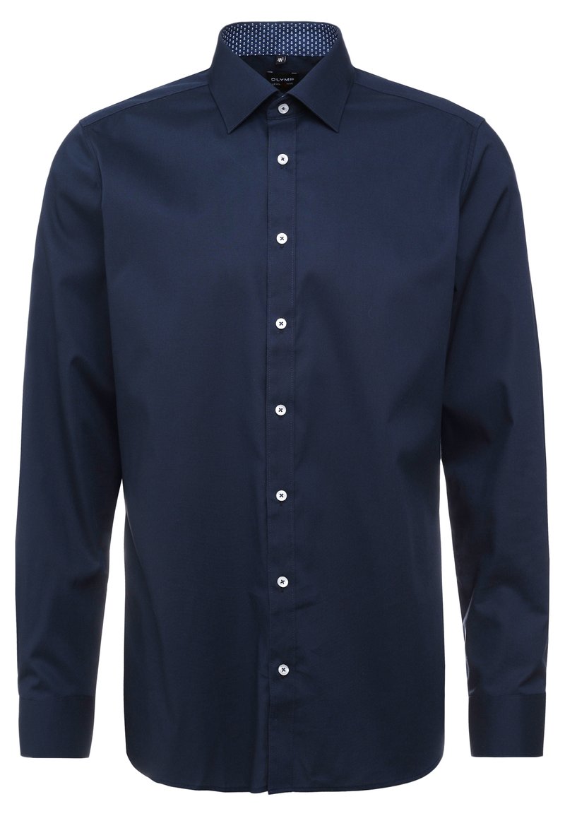 Marineblauw langärmlig shirt van gladde stof, met een spitse kraag, knoopsluiting aan de voorkant en een patroon aan de binnenkant van de kraag.