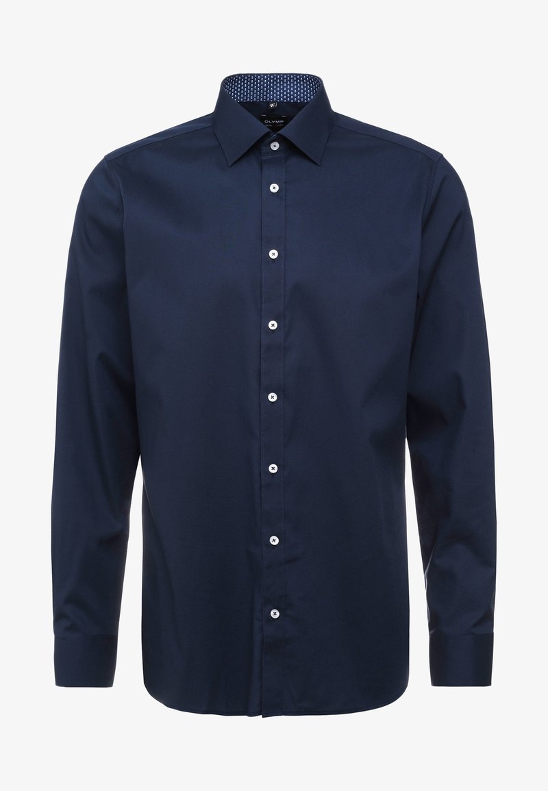 Marineblauw langärmlig shirt van gladde stof, met een spitse kraag, knoopsluiting aan de voorkant en een patroon aan de binnenkant van de kraag.