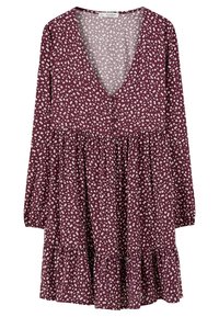 Robe mauve à manches longues, encolure en V et volants superposés. Présente un petit motif floral blanc sur toute la surface. Tissu léger.