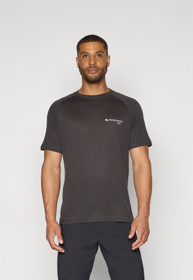 Kurze Ärmel Sport-T-Shirt in Dunkelgrau, aus leichtem Stoff mit strukturiertem Finish; verfügt über ein kleines Logo auf der linken Brust.
