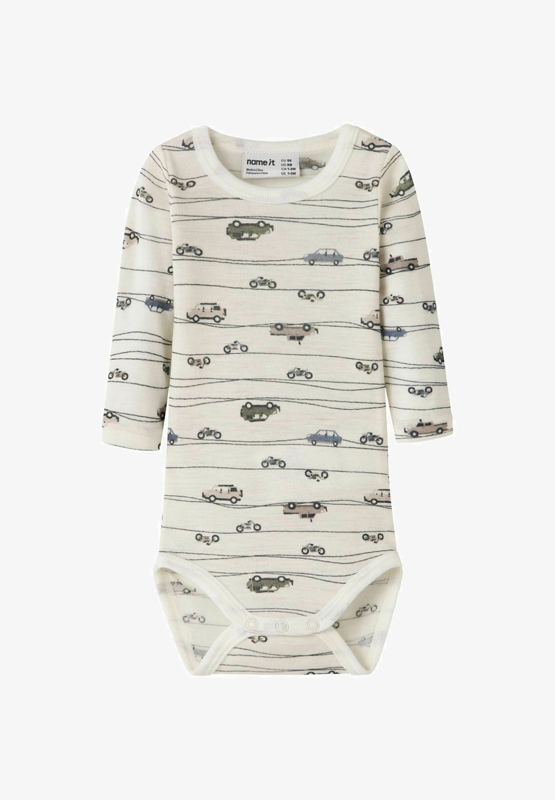 Body manches longues pour bébé en crème avec un imprimé de voiture et de moto, doté de fermetures à pression et d'un col rond.