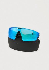Gafas de sol con tinte azul y diseño redondeado con acabado brillante. Incluyen un estuche negro elegante para su almacenamiento.