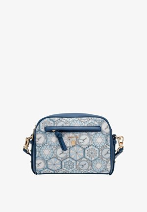 Blau-weiße Umhänge-Schultertasche mit sechseckigen geometrischen Mustern, Frontreißverschlusstasche und goldfarbenen Hardware-Akzenten.